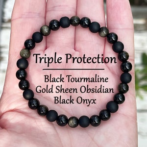 Triple Protection Bracelet, Black Tourmaline Bracelet, Gold Black Obsidian, Black Onyx, 6mm Stretch Bracelet, Genuine Gemstones