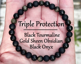 Triple Protection Bracelet, Black Tourmaline Bracelet, Gold Black Obsidian, Black Onyx, 6mm Stretch Bracelet, Genuine Gemstones