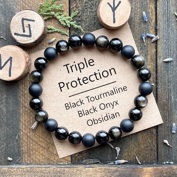 Protection Bracelet | Black Tourmaline Bracelet | Gold Black Obsidian | Black Onyx | 8mm or 6mm | Stretch Bracelet Triple Genuine Gemstones