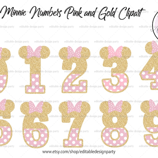 Instant Download, Minnie Numbers Clipart, Minnie Numbers PNG, Minnie Clipart, Numbers Clipart, Pink and Gold, Numbers PNG, Birthday Numbers