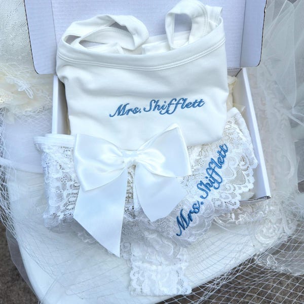 Personalized White Lace Satin Bridal Lingerie Undies Underwear Wedding Day Robe Bachelorette Best Bridal Shower Gift