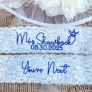 Something Blue Wedding Garters,Bride Garters for Wedding day,Custom Mrs Monogrammed Garters,Bride Garter.Personalized color Bridal garter