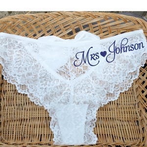 Custom &quot;Mrs.&quot; Bridal Lace Panties – Something Blue Wedding Underwear, Personalized Bride Lingerie, Honeymoon Gift, Bachelorette Gift