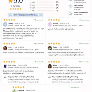 May include: A webpage showcasing customer reviews for bridal products. The page presents a 5-star rating with positive feedback on various items, including 3PC sets, shorts, and tank tops. The reviews highlight comfort, quality, and suitability for special occasions.