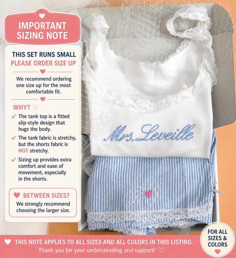 May include: A white tank top with lace trim and blue embroidered text reading Mrs. Leveille, paired with blue and white striped shorts featuring lace trim and pink embroidered initials. A sizing note box is included with text.