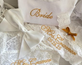 Custom Bride Lingerie Gift,  Bridal Tank Top & Mrs. Last Name Satin Bow Panties, Personalized Wedding Garters Set, Something Blue gift set