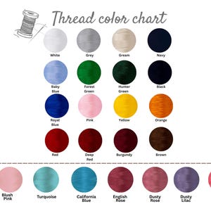 May include: A thread color chart featuring a grid of circular color swatches with labels including White, Grey, Cream, Navy, Baby Blue, Forest Green, Hunter Green, Black, Royal Blue, Pink, Yellow, Orange, Red, Deep Red, Burgundy, Brown, Blush Pink, Turquoise, California Blue, English Rose, Dusty Rose, Dusty Lilac, and Electric Pink.