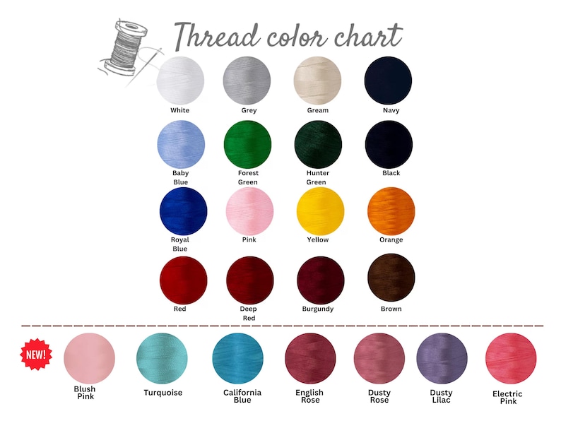 May include: A thread color chart featuring a grid of circular color swatches with labels including White, Grey, Cream, Navy, Baby Blue, Forest Green, Hunter Green, Black, Royal Blue, Pink, Yellow, Orange, Red, Deep Red, Burgundy, Brown, Blush Pink, Turquoise, California Blue, English Rose, Dusty Rose, Dusty Lilac, and Electric Pink.
