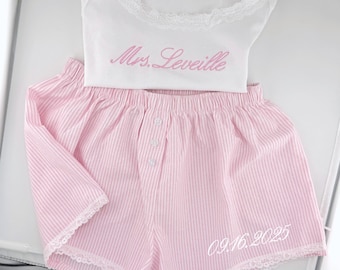 Personalized Bridal Pajama Set, Custom Bride Sleepwear, Mrs. Name Tank Top & Shorts, Wedding Morning Gift, Honeymoon PJs, Bridal Shower Gift