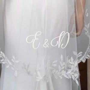 Custom Leaf Edge Embroidered Wedding Veil with name and date–Personalized Initials or Romantic Phrases, Soft Ivory veil, Boho Veil