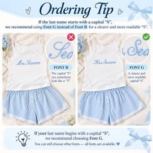 May include: A white tank top with blue embroidered text reading Mrs. Searson paired with blue and white striped shorts featuring lace trim. The image compares Font B and Font G, noting that Font G provides a clearer capital S.