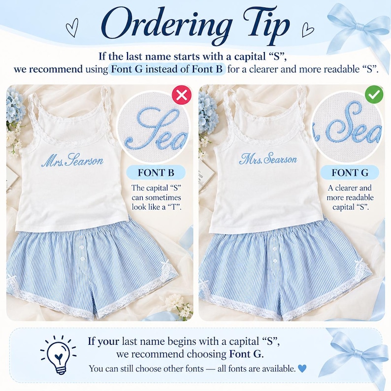 May include: A white tank top with blue embroidered text reading Mrs. Searson paired with blue and white striped shorts featuring lace trim. The image compares Font B and Font G, noting that Font G provides a clearer capital S.