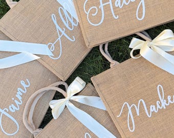 Personalized Bridesmaid Tote Bags, Custom Burlap Gift Bag, Wedding Party Favor,Bridesmaid Proposal Bag, Bride Tribe Tote,Rustic Wedding Gift