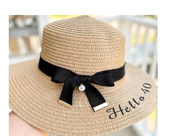 "Gestickter Sonnenhut ""Hallo 40"" - personalisierter Stroh-Strandhut, Geburtstagsgeschenk für Frauen, Damen-Sommerhut zum 40
