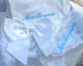Something Blue Bride Gift Set – Luxury Personalized Lingerie & Lace Tank Top – Custom Embroidered Bridal Shower Gift for Future Mrs.