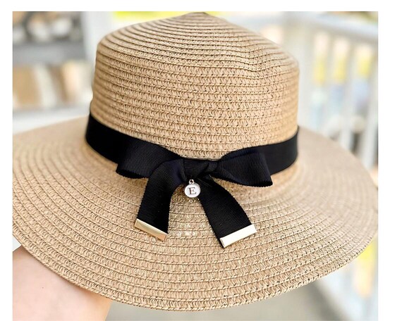 Beige Straw Wide-Brim Sun Hat with Black Ribbon Bibifish Womens Beige Straw Wide-Brim Hat Black Bow Detail  main image 2
