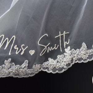 Custom Embroidered Wedding Veil with lace and bead  pearl Edge Design– Personalized MRS. Romantic Veil, Soft Ivory Wedding veil Included.