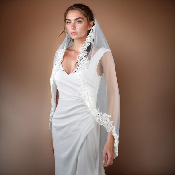 Ivory Floral Embroidered Lace Edge Pearl Wedding Veil, Veil  display picture 2