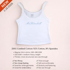 May include: A white sleeveless tank top with lace trim along the neckline and armholes. The chest features the blue embroidered text Mrs.Wetenhall. The garment is made of 210G combed cotton, 92% cotton, and 8% spandex fabric blend.