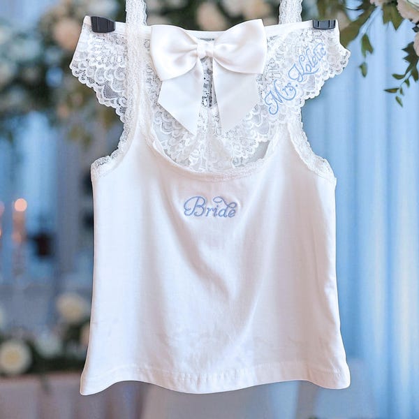 Something Blue Bride Gift Set – Luxury Personalized Lingerie & Lace Tank Top – Custom Embroidered Bridal Shower Gift for Future Mrs.