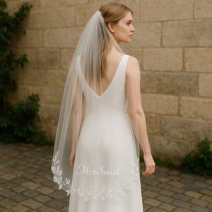 Custom Soft Ivory veil for bride, Boho Veil, Leaf Edge Embroidered Wedding Veil with name and date–Personalized Initials or Phrases