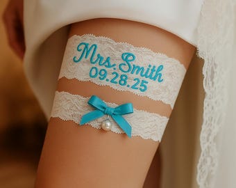 Custom Name & Date garter set, Something Blue