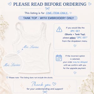 May include: A white tank top with light blue embroidery reading Mrs. Lavine. The image includes text instructions: PLEASE READ BEFORE ORDERING, ONE ITEM ONLY, TANK TOP - WITH EMBROIDERY ONLY, 2PC SET, and Thank you for your understanding and support.
