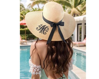 Personalized Embroidered Monogram Sun Hat with Bow – Custom Wide Brim Floppy Beach Hat for Women – Summer Bridal Gift, Vacation Accessory