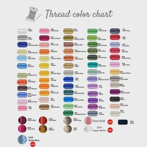 May include: A thread colour chart displaying a range of hues, such as white, pink, blue, green, and purple. Each colour is labelled with a name and number. The title "Thread colour chart" is at the top.