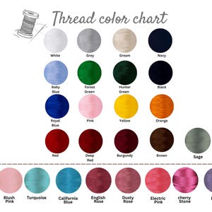 May include: A thread colour chart displaying a range of colours, such as white, grey, navy, black, and various shades of blue, green, pink, yellow, orange, red, brown, and purple. The text "Thread colour chart" is at the top.