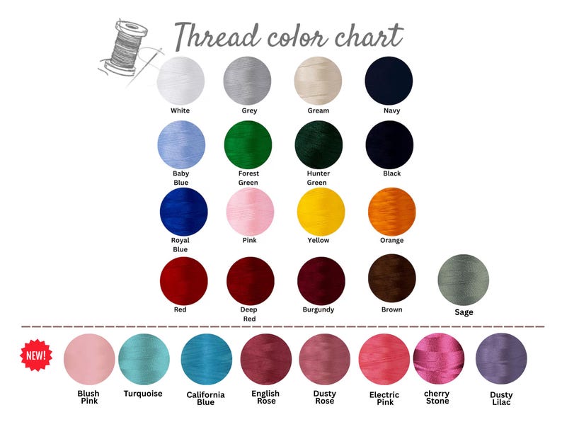 May include: A thread colour chart displaying a range of colours, such as white, grey, navy, black, and various shades of blue, green, pink, yellow, orange, red, brown, and purple. The text "Thread colour chart" is at the top.
