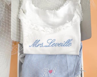 Mrs Pajama Set, Bride PJs with Name, Custom Bridal Tank & Shorts, Something Blue Bride Gift, Wedding Morning Outfit, Honeymoon Sleepwear