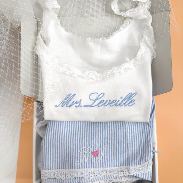 Mrs Pajama Set, Bride PJs with Name, Custom Bridal Tank & Shorts, Something Blue Bride Gift, Wedding Morning Outfit, Honeymoon Sleepwear