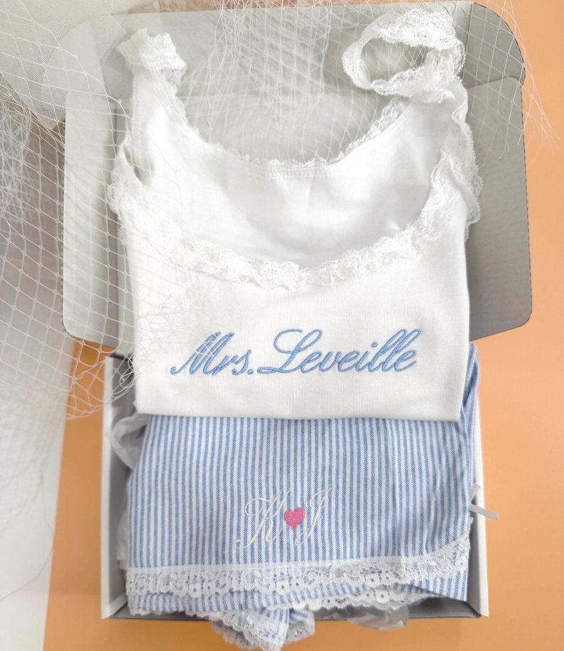 Mrs Pajama Set, Bride PJs with Name, Custom Bridal Tank & Shorts, Something Blue Bride Gift, Wedding Morning Outfit, Honeymoon Sleepwear