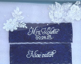 Personalized Embroidered Navy Lace Wedding Garter Set – Plus Size Bridal Lingerie