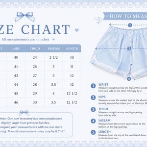 May include: A size chart for light blue and white striped shorts with lace trim. The chart lists measurements in inches for sizes XS to XXL. It includes a diagram showing how to measure waist, hips, thigh, inseam, and length for the shorts.