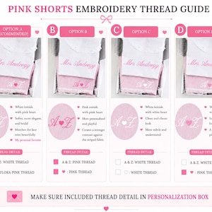 May include: An embroidery thread guide for pink shorts featuring four options labeled A, B, C, and D. Each option displays a white garment with the text Mrs. Andregg and pink shorts with initials A and Z, showing different thread color combinations.