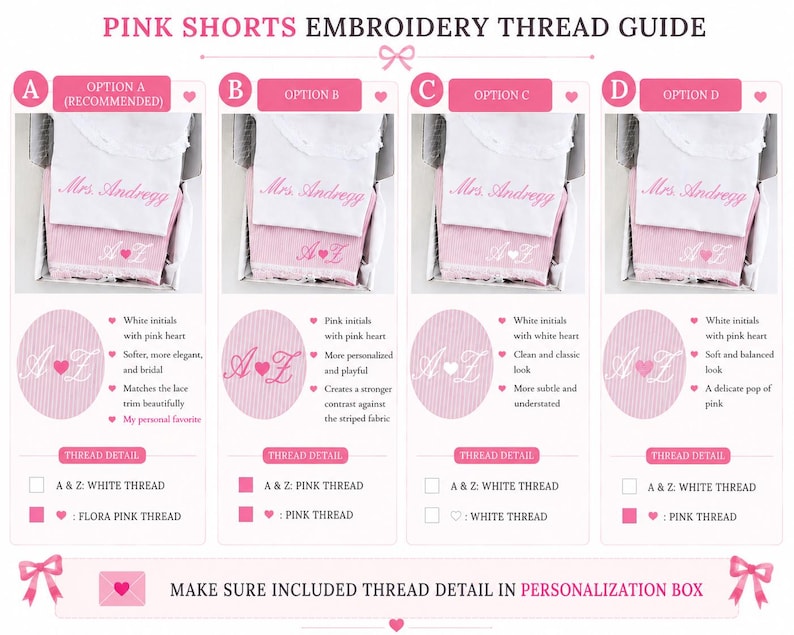 May include: An embroidery thread guide for pink shorts featuring four options labeled A, B, C, and D. Each option displays a white garment with the text Mrs. Andregg and pink shorts with initials A and Z, showing different thread color combinations.