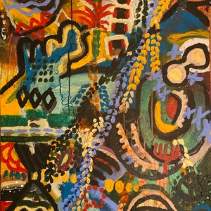 Może przedstawiać: Abstrakcyjne malarstwo z żywą mieszanką kolorów, w tym żółtego, niebieskiego, zielonego, czerwonego i czarnego. Obraz zawiera różnorodne kształty i wzory, w tym koła, kwadraty i linie. Obraz jest wykonany w odważnym i ekspresyjnym stylu.