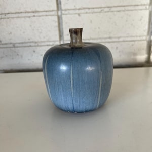 May include: A small, blue ceramic vase shaped like an apple with a brown top.