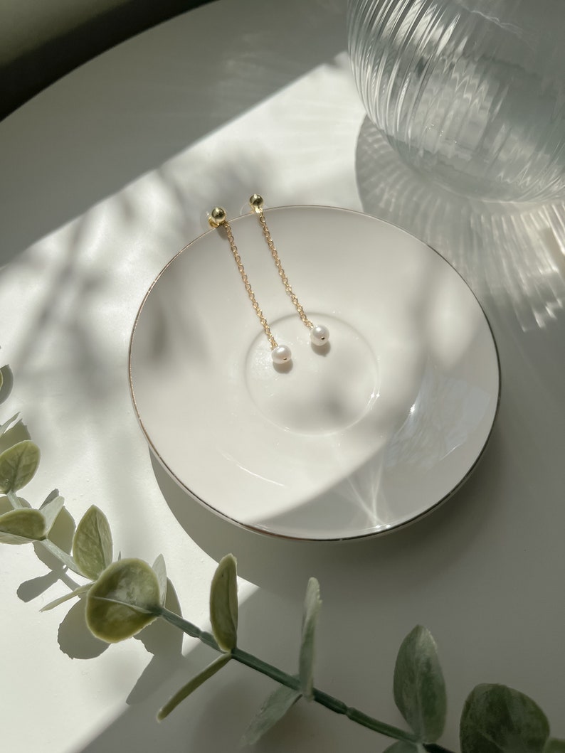 14K Gold Filled Chain Drop Pearl Earrings, Hypoallergenic Dangle Earrings Freshwater Pearls Minimalist Bridal Earrings Bridesmaid Gift image 2