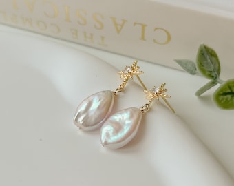 Stella / ZC Star Teardrop Pearl Drop, 14k Gold Filled, Pendientes de perlas de agua dulce, Zurconia cúbica, Pendientes nupciales Regalo de dama de honor para ella