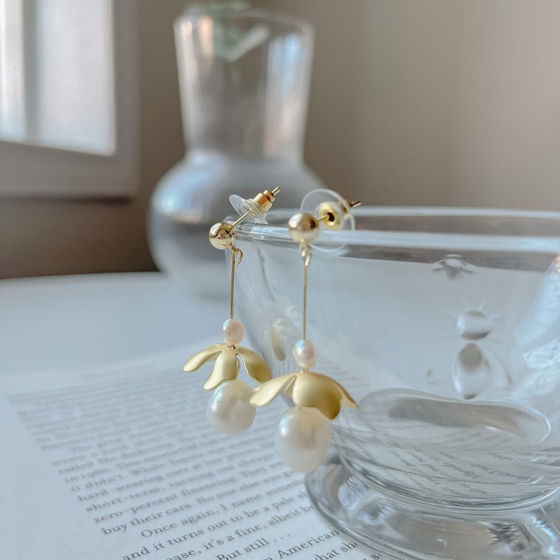 14K Gold Filled Floral Design Freshwater Pearl Dangle Earrings Dainty Minimalist Style Hypoallergenic Jewelry Bridesmaid Gift Bridal Earring image 2
