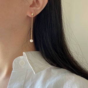 14K Gold Filled Chain Drop Pearl Earrings, Hypoallergenic Dangle Earrings Freshwater Pearls Minimalist Bridal Earrings Bridesmaid Gift image 6