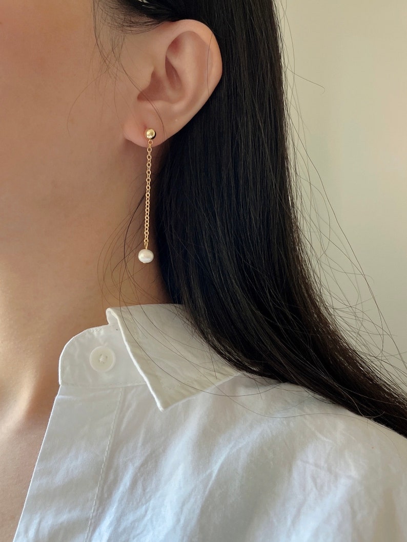 14K Gold Filled Chain Drop Pearl Earrings, Hypoallergenic Dangle Earrings Freshwater Pearls Minimalist Bridal Earrings Bridesmaid Gift image 6
