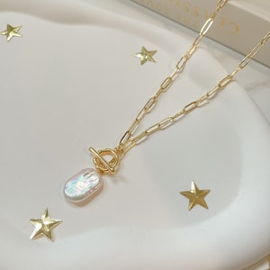 Verdana | 14k Gold Filled Paperclip Necklace, Large Freshwater Pearl, Toggle Clasp, Pearl Pendant Layering Necklace, Bridesmaid Gift for Her