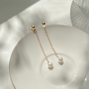 14K Gold Filled Chain Drop Pearl Earrings, Hypoallergenic Dangle Earrings Freshwater Pearls Minimalist Bridal Earrings Bridesmaid Gift image 1