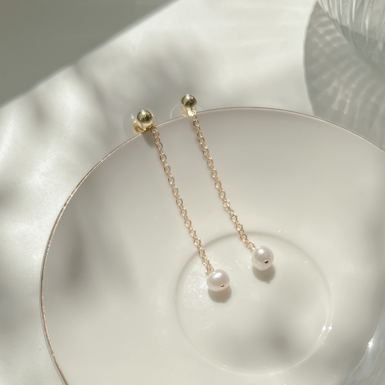 14K Gold Filled Chain Drop Pearl Earrings, Hypoallergenic Dangle Earrings Freshwater Pearls Minimalist Bridal Earrings Bridesmaid Gift image 1