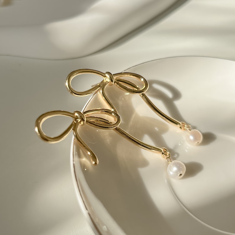 Bowe Golden Ribbon Elegance Pearl Drop Earrings, 14k Gold Filled Freshwater Mini Pearls, Bow Tie Knot Earrings, Bridesmaid Gift For Her image 3