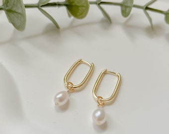 Leila | 2 in 1 Pearl Drop Earrings, 14k Gold Filled Hoop, Freshwater Pearls, Hypoallergenic, Bridesmaid Gift Bridal Earring Gift for Her